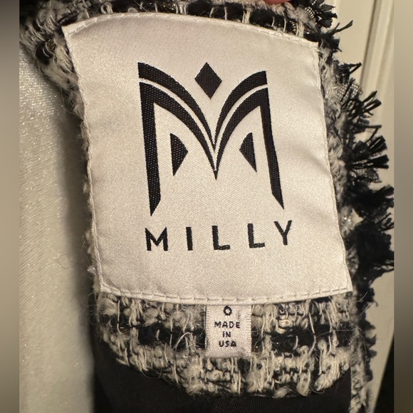 MILLY Black and White Plaid Fringe Houndstooth Wool Blazer Size 6 - Picture 10 of 11